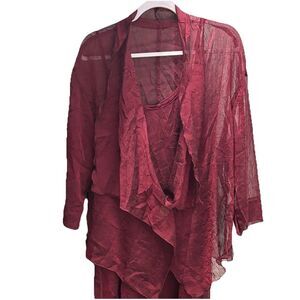 Heydari 100% Chiffon Semi Sheer Burgundy M Waterfall‎ Open Front Cardigan Lagen